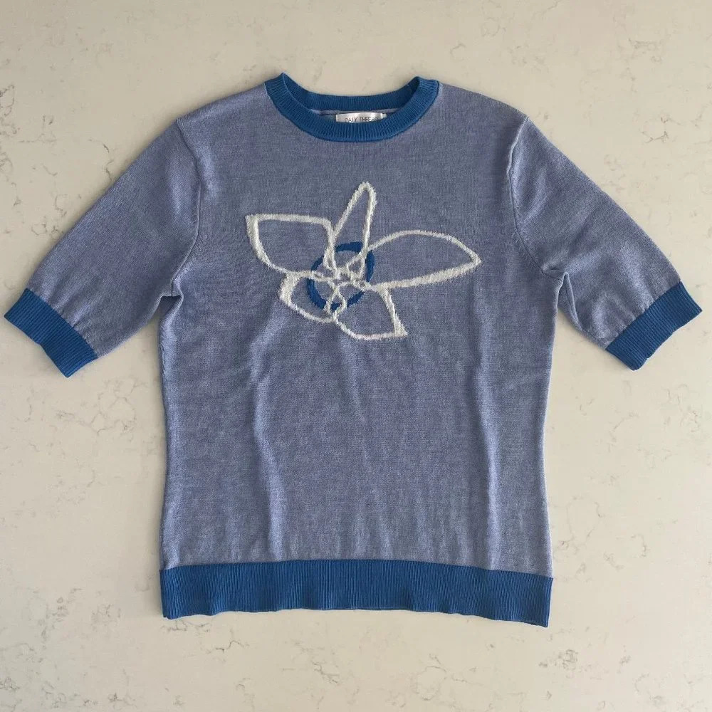 Daily Thread Short Sleeve Crew Neck Knit Sweater Duotone Blue + White Sz XS NWT